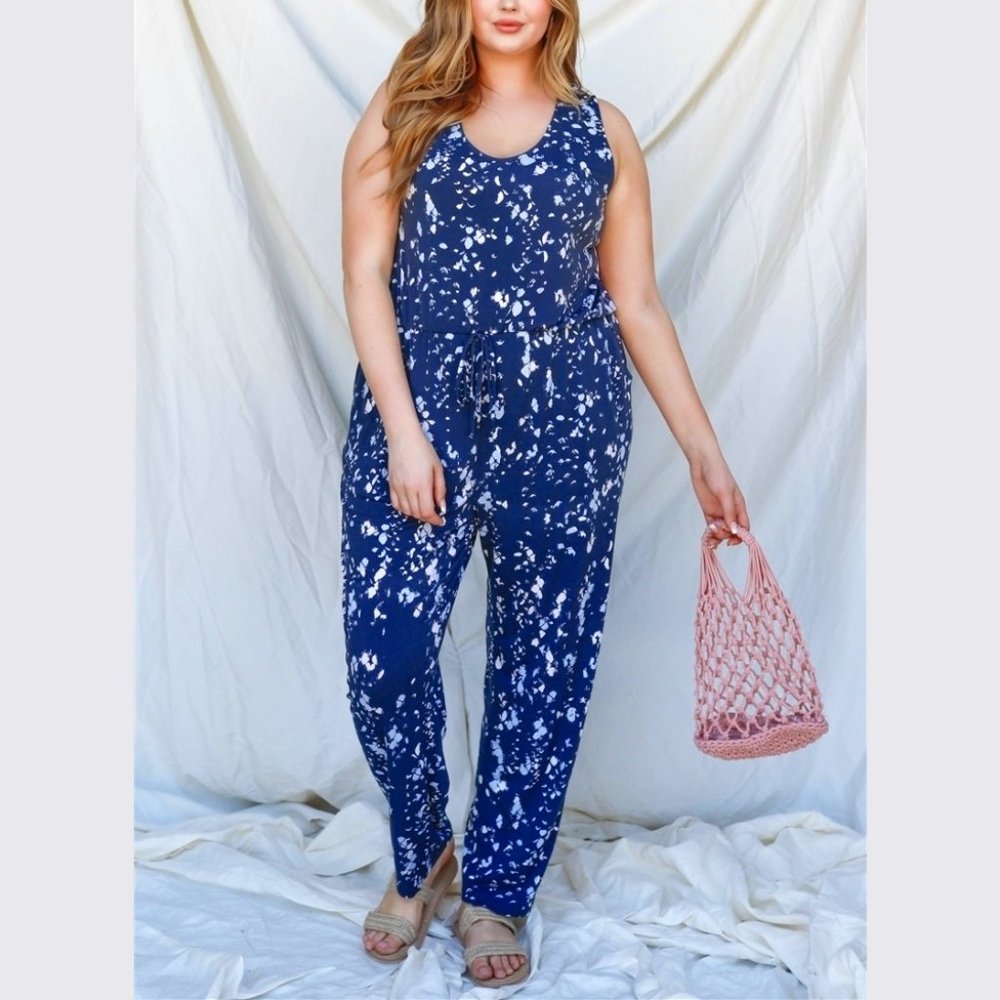 Navy Blue White & Mint Feather Print Sleeveless Plus Size Jumpsuit